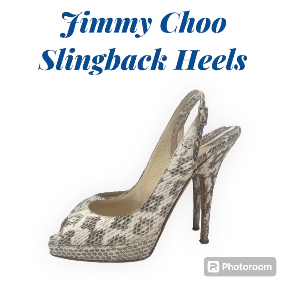Jimmy Choo Ivory and Gray Snakeskin Slingback Heels - size 37